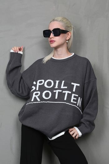 Füme Yazılı Oversize Bisiklet Yaka  Kadın Kazak MG1596