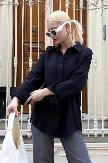 Lacivert Muslin Kumaş Basic Kadın Gömlek MG1660