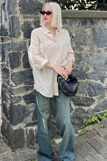 Bej Oversize Basic Cepli Poplin Gömlek MG1530