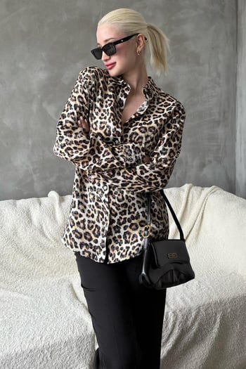 Bej Leopar Desen Kadın Gömlek Mg2296