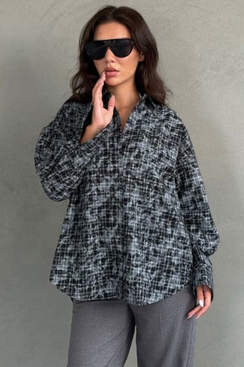 Siyah Ekose Desen Oversize Kadın Gömlek MG2900