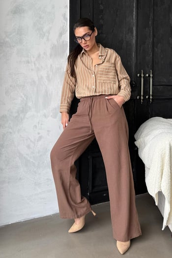 Camel Çizgili Cepli Kadın Gömlek Mg2345