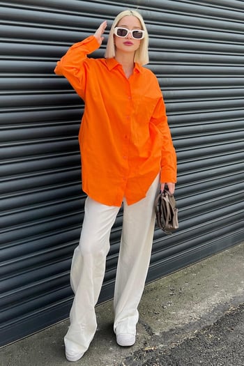 Turuncu Oversize Basic Cepli Poplin Gömlek MG1530
