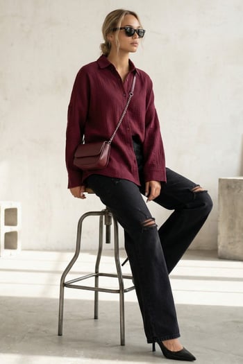 Bordo Muslin Kumaş Basic Kadın Gömlek MG1660