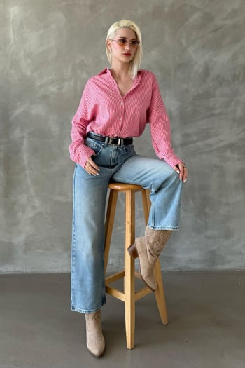 Pembe Çizgili Oversize Kadın Gömlek Mg2327