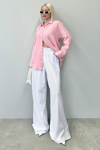 Pembe Muslin Kumaş Basic Kadın Gömlek MG1660
