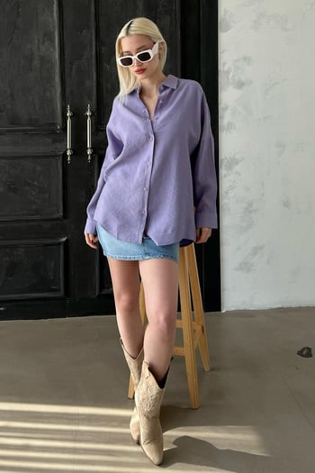 Lila Uzun Kollu Oversize Gömlek MG2003