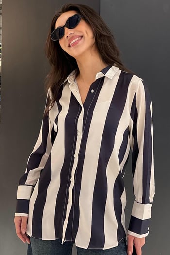 Lacivert Çizgili Oversize Kadın Gömlek MG1850