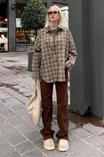 Camel Oversize Ekose Desenli Kadın Gömlek MG2589