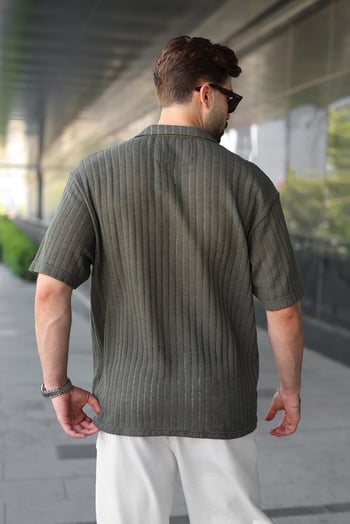 Haki Overfit Çizgili Jakarlı Erkek Gömlek E6770