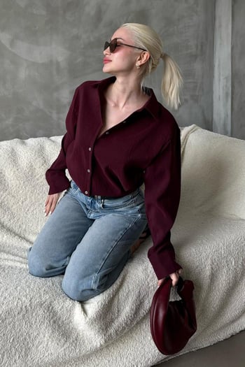 Bordo Kırışık Desen Kadın Gömlek MG2313