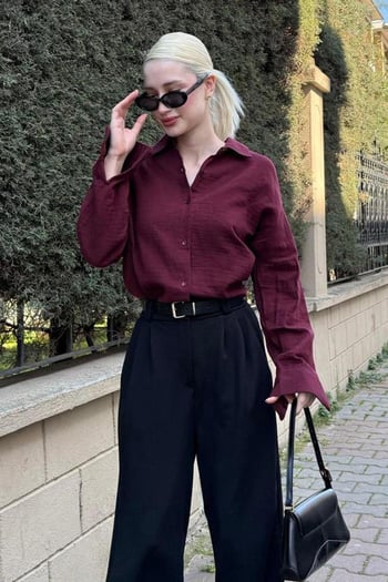 Bordo Muslin Kumaş Basic Kadın Gömlek MG1660