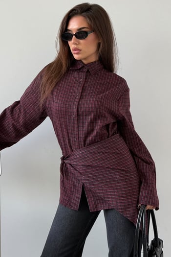 Bordo Kare Desenli Fular Detaylı Kadın Gömlek MG2926