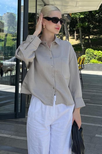 Gri Çizgili Oversize Kadın Gömlek MG2093