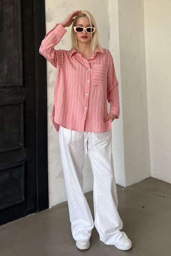 Pembe Çizgili Cep Detaylı  Kadın Gömlek Mg2345