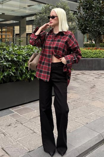 Kırmızı Oversize Ekose Desenli Kadın Gömlek MG2589
