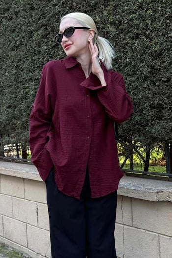 Bordo Muslin Kumaş Basic Kadın Gömlek MG1660