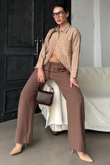 Camel Çizgili Cepli Kadın Gömlek Mg2345