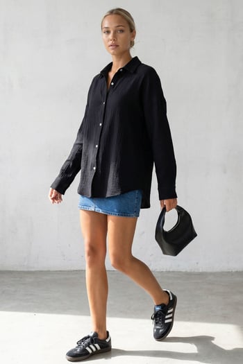 Siyah Muslin Kumaş Basic Kadın Gömlek MG1660