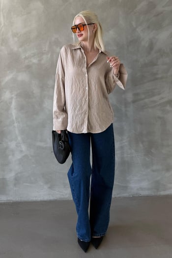 Bej Çizgili Oversize Kadın Gömlek Mg2327