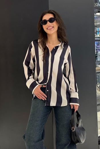 Lacivert Çizgili Oversize Kadın Gömlek MG1850