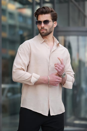 Bej Basic Uzun Kollu Erkek Gömlek E6762