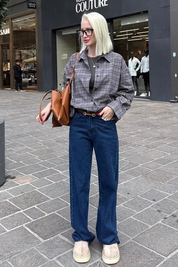 Gri Oversize Ekose Desenli Kadın Gömlek MG2589