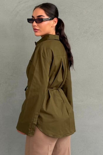 Haki Belden Bağlamalı Oversize Cepli Gömlek MG2798
