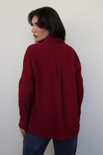 Bordo Uzun Kollu Çizgili Oversize Gömlek MG2080