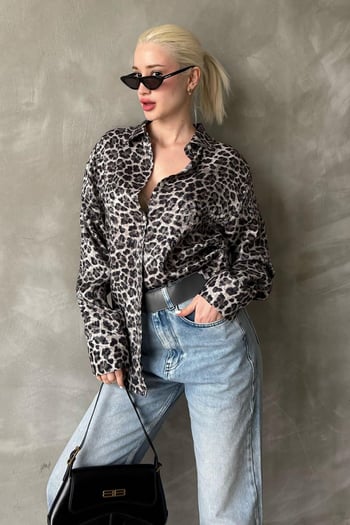 Siyah Leopar Desen Kadın Gömlek Mg2296
