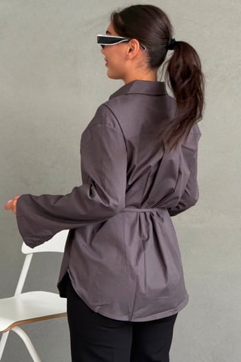 Füme Belden Bağlamalı Oversize Cepli Gömlek MG2798