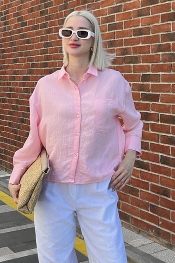 Pembe Çizgili Oversize Kadın Gömlek MG2093