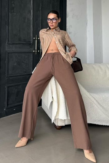 Camel Çizgili Cepli Kadın Gömlek Mg2345