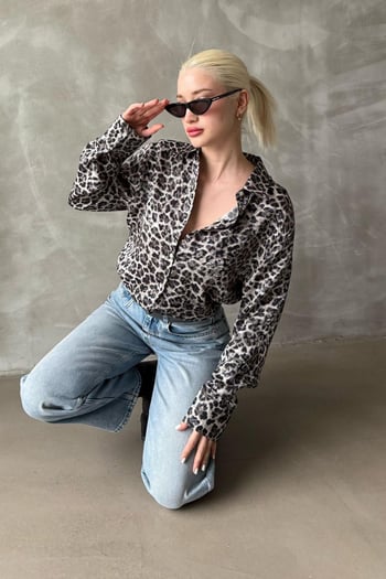 Siyah Leopar Desen Kadın Gömlek Mg2296