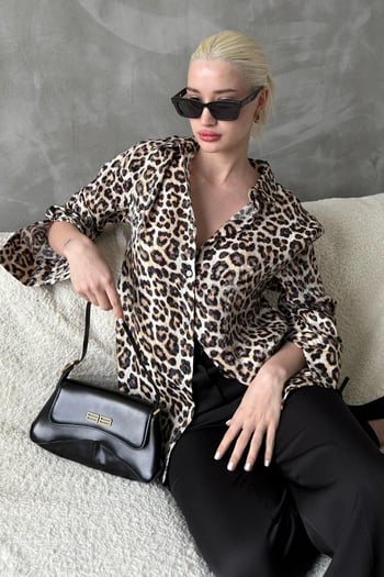 Bej Leopar Desen Kadın Gömlek Mg2296