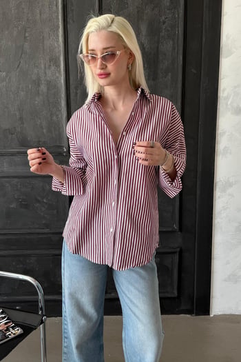 Bordo Çizgili Over Fit Gömlek MG1525
