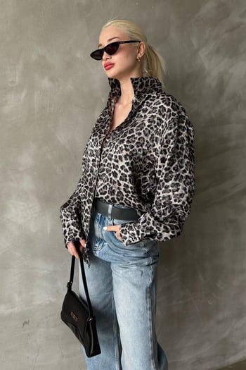 Siyah Leopar Desen Kadın Gömlek Mg2296