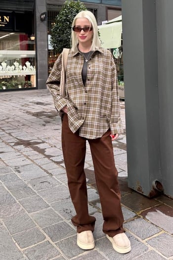 Camel Oversize Ekose Desenli Kadın Gömlek MG2589
