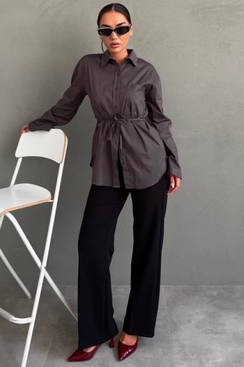Füme Belden Bağlamalı Oversize Cepli Gömlek MG2798