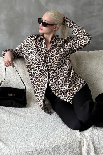 Bej Leopar Desen Kadın Gömlek Mg2296