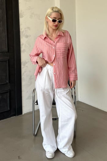 Pembe Çizgili Cep Detaylı  Kadın Gömlek Mg2345