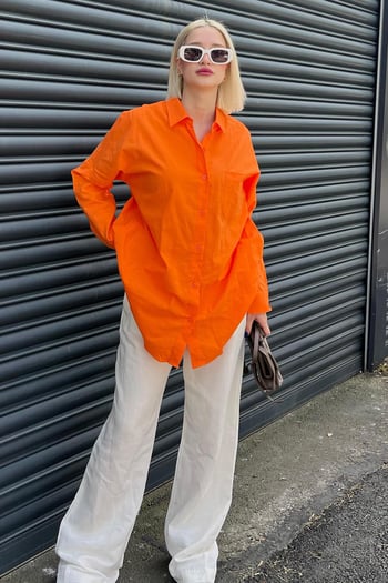 Turuncu Oversize Basic Cepli Poplin Gömlek MG1530