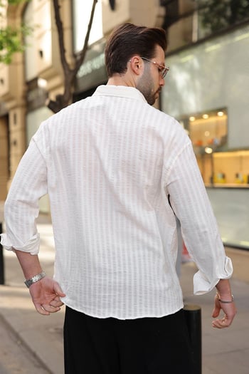Beyaz %100 Pamuklu Çizgili Keten Erkek Gömlek E6774