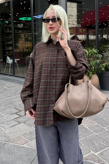 Kahverengi Oversize Ekose Desenli Kadın Gömlek MG2589