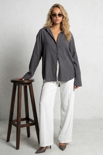 Antrasit Muslin Kumaş Basic Kadın Gömlek MG1660
