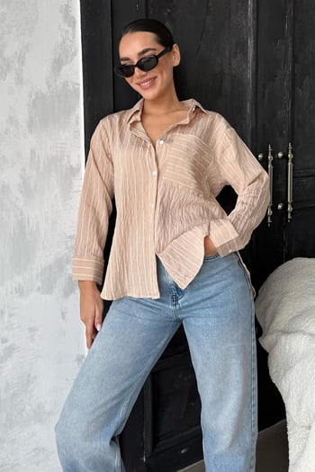 Bej Çizgili Cep Detaylı  Kadın Gömlek Mg2345