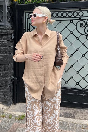 Bej Uzun Kollu Oversize Gömlek MG2003
