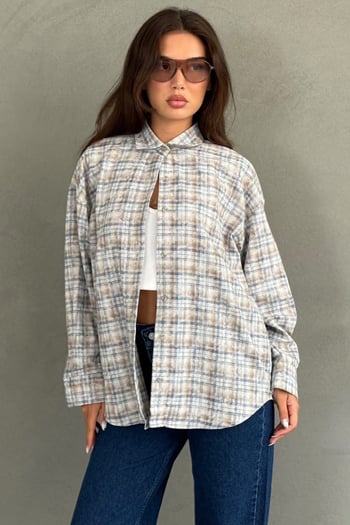 Mavi Ekose Desen Oversize Kadın Gömlek MG2900