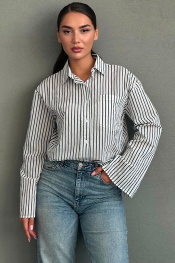 Beyaz Çizgili Sendy Kumaş Kadın Gömlek MG2834