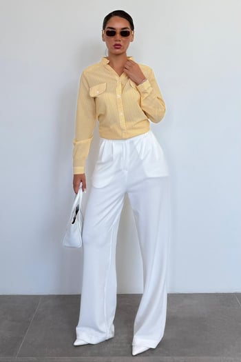 Sarı Çizgili Gofre Kumaş Kadın Oversize Gömlek MG1666